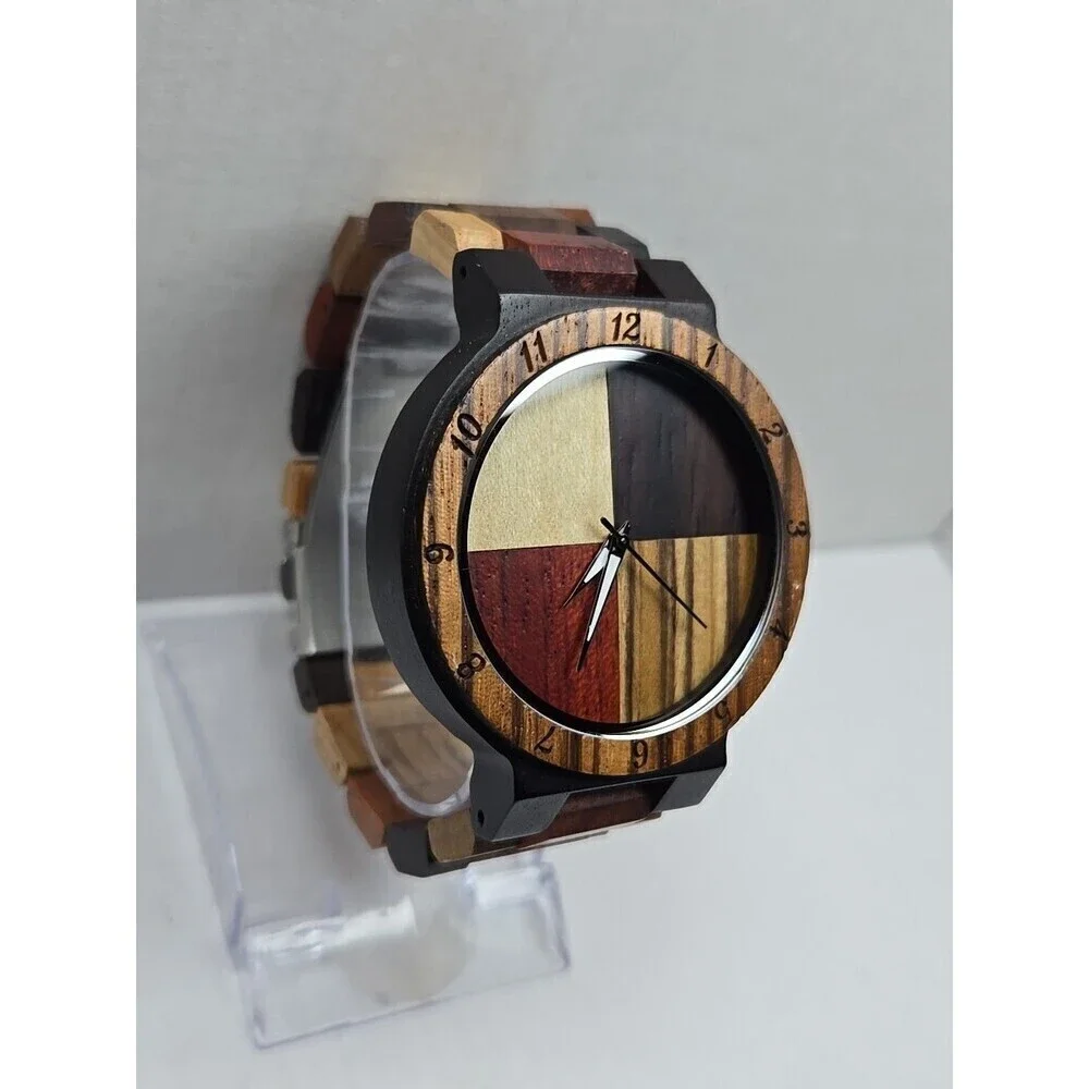 Unbranded Wooden Watch Color Block Dial Wood Band Quartz New Battery Lightweight